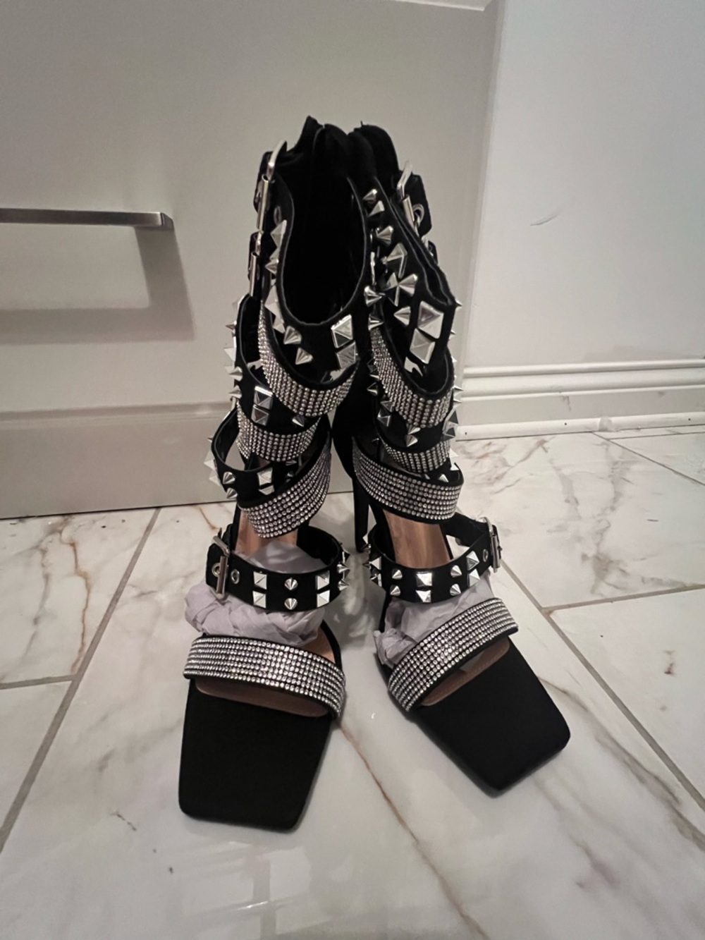 Black Studded Gladiator Heels with Rhinestone Straps - Women's Fashion Heels